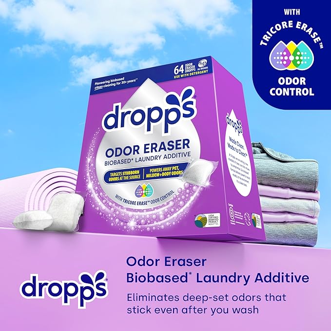 Dropps Odor Eraser Pods (64 Count) - Powered by TriCore Erase | Use With Detergent | Odor Remover | For Sweat, Musty Towels, Mildew, Pet & Body Odors | Clean Laundry Booster | Plastic-Free Packaging