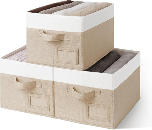 GRANNY SAYS Storage Baskets for Organizing, Fabric Storage Bins for Shelves, Closet Storage Boxs, Clothing Storage and Organization, Decorative Storage Bins, Khaki&Ivory, Large, 3-Pack