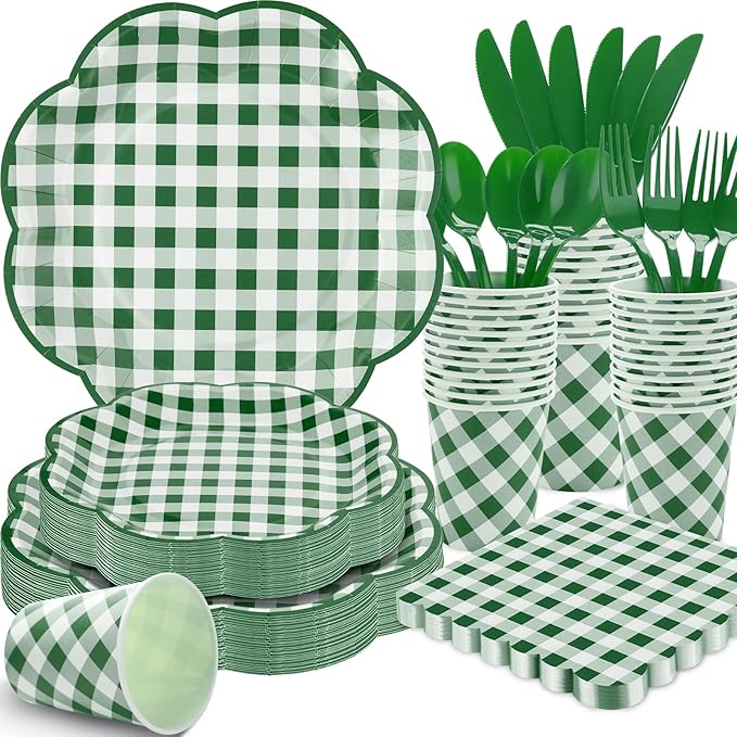 350 Pcs Green Gingham Plates and Napkins Party Supplies - Green and White Checkered Plates Sets Serve 50 Guests - Scalloped Gingham Paper Plate for Picnic BBQ Golf Party Decorations
