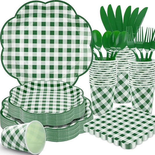 350 Pcs Green Gingham Plates and Napkins Party Supplies - Green and White Checkered Plates Sets Serve 50 Guests - Scalloped Gingham Paper Plate for Picnic BBQ Golf Party Decorations