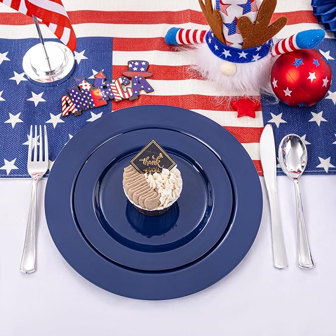 FLOWERCAT 60PCS Blue Plastic Plates - Heavy Duty Blue Plates Disposable (10.25" & 7.5") - serve for 30guest Birthday Party/Wedding/Presidents' Day/Memorial Day/Hanukkah