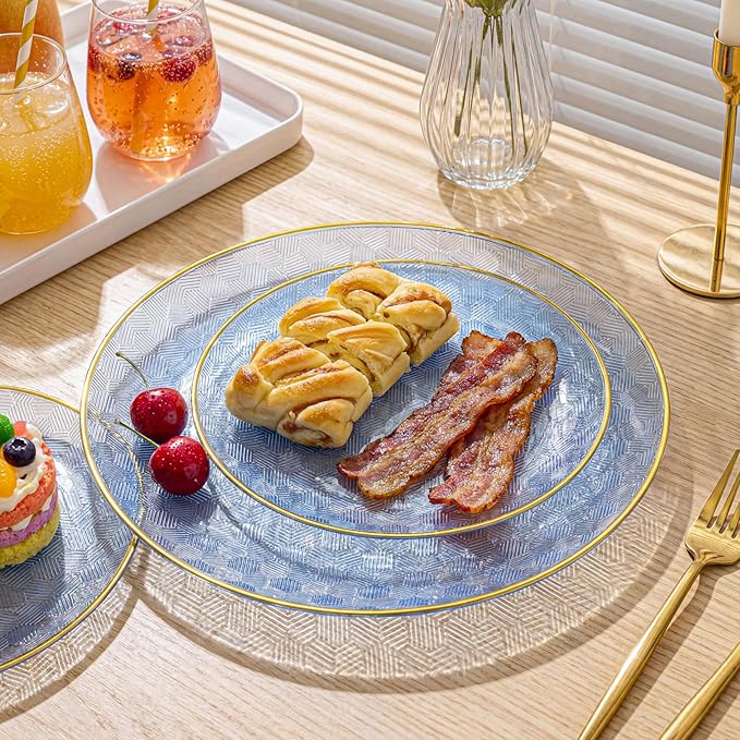 Festiva 60PCS Clear Blue Gold Plastic Plates - Heavy Duty Fancy Disposable Plates With Gold Rim -serve for 30 guests Include Each 30PCS 10.25" & 7.5" Honeycomb Design Plates for Party(Blue)