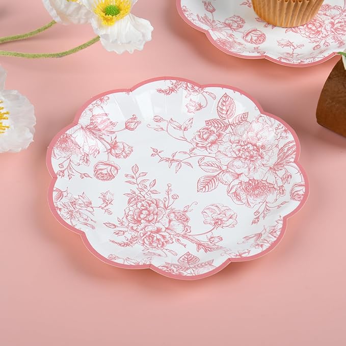 24 Pcs Pink Floral Party Plates Vintage Floral Leaf Disposable Paper Plates Wildflower Pink Toile 7" Small Scalloped Rim Dessert Plates for Valentines Birthday Bridal Tea Party Supplies