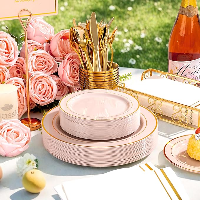 GATHER 700PCS Pink Plastic Plates - Gold Rim Disposable Plastic Dinnerware Set Include 200 Pink Plates, 300 Silverware, 100 Napkins, 100 Cups for Party & Wedding & Baby Shower