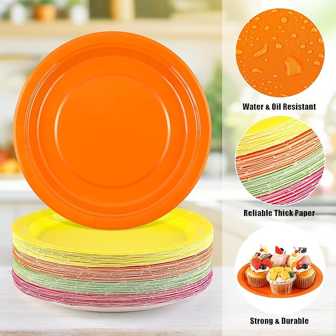Kochorie 60 Pieces Neon Disposable Paper Plates 9 Inch Heavy Duty Dinner Plates, Solid Color, Table Decorations Party Supplies for Birthdays, Weddings, Daily Use