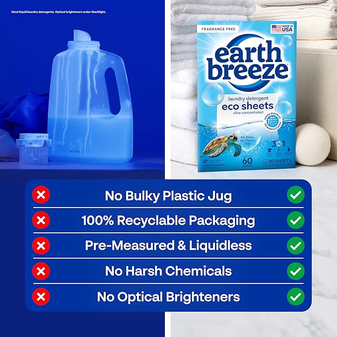 Earth Breeze Laundry Detergent Sheets Fragrance-Free - 180 Loads Eco Liquidless Soap - Travel-Friendly for Hot & Cold Cycles, Tackles Tough Stains & Odors - Gentle on Sensitive Skin, 90 Ct (3 Pack)