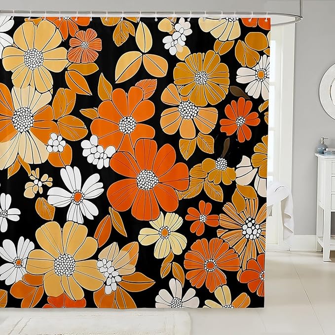 Vintage Groovy Floral Shower Curtain 72"Wx78"L,Retro Hippie Flowers Bathroom Curtain Boho Psychedelic Bath Curtain Natural Garden Botanical Bathroom Decor Set Aesthetic Home Decor for Teen Girls