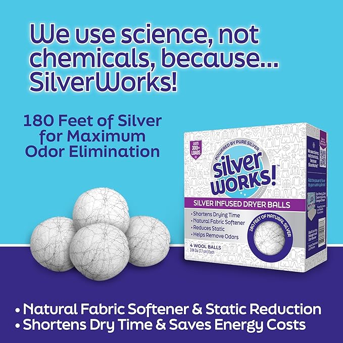 SilverWorks! Wool Dryer Balls Laundry Reusable - Odor Eliminating Dryer Laundry Balls with Silver Technology - Natural Fabric Softener and Static Reducer, Reduce Drying Time and Energy Costs - 4 Pack