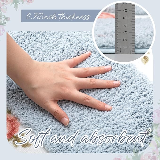 Drydiet 3 Pcs Rose Flowers Bathroom Rugs Set Coquette Room Decor Floral Carpet for Bathroom Bedroom Living Room, Floral Bath Mat Non Skid Romantic Rose Flower Area Rugs 3 Shapes(Blue,Small)