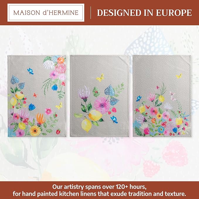 Maison d' Hermine Kitchen Towels Set of 3 100% Cotton 27.50" x 20" Reusable Cloth Tea Dish Towels Absorbent with Hanging Loop for Kitchen Farmhouse Hotel Spring Summer - Jardin D'Ete - Fog