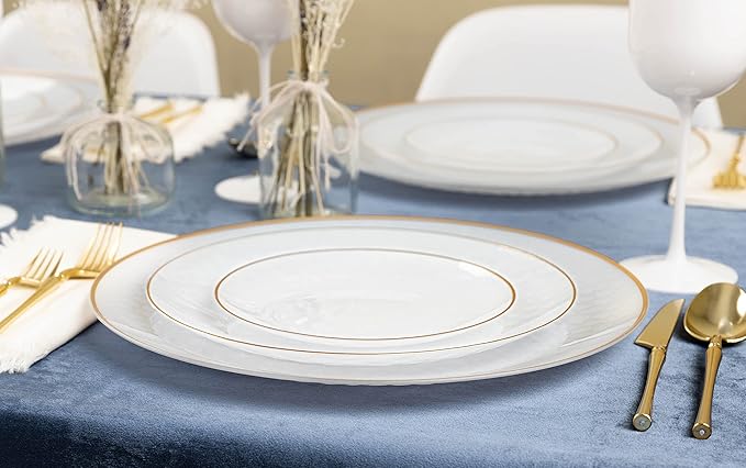 PLASTICPRO 30 Pack Hammered Plastic Plates Heavyweight Disposable Plastic Plates Elegant Transparent White With Gold Rim Platsic Party Dishes (Transparent White With Gold Rim, 10'' INCH PLATES)