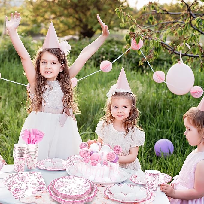 Kochorie 144 Pieces Pink Floral Paper Plates and Napkins Party Supplies, Pink and White Flower Tableware Set Include Vintage Scalloped Plates Napkins Cups Forks for Wedding Birthday Tea Party