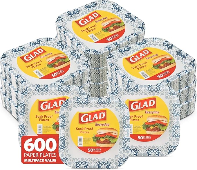 Glad Square Heavy Duty Paper Plates, Soak Proof and Cut Proof Disposable Plates for Parties and Everyday Meals, Microwaveable for Easy Serving, Blue Victorian Pattern, 10 Inch, 50 Count - 12 Pack