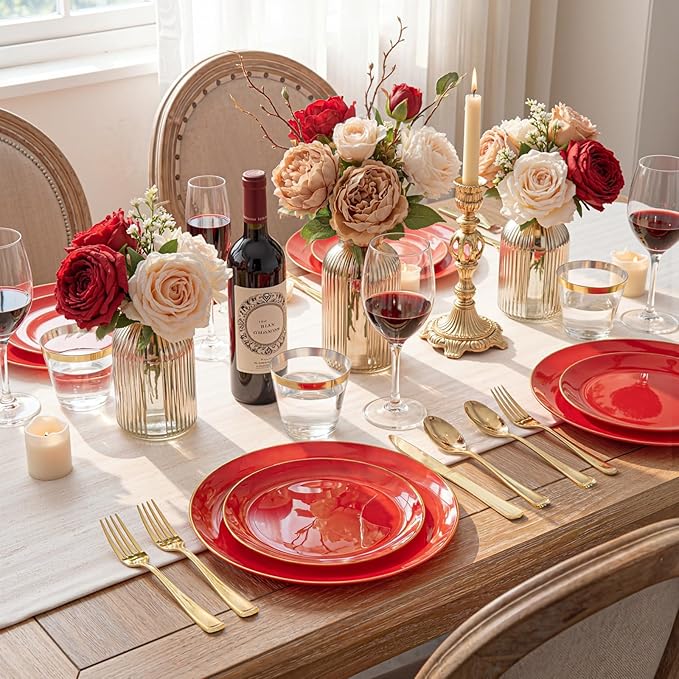 WDF 300Pcs Red Disposable Plates - Red Plastic Plates - 50guest Disposable Dinnerware Include 50 Dinner Plate, 50 Dessert Plate, 150 Cutlery & 50 9oz Cups for Wedding/Birthday/Party