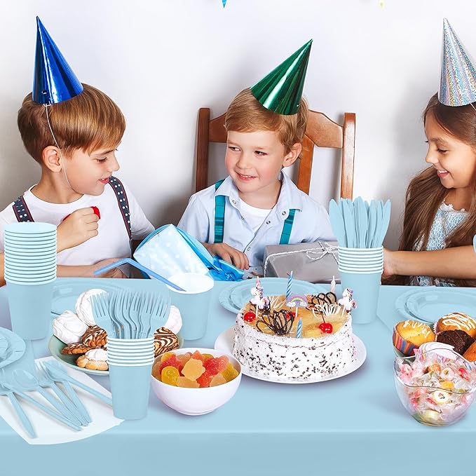Kochorie 169 Pieces Light Blue Party Supplies Disposable Dinnerware Set Include Plates and Cups Napkins Plastic Forks Knives Spoons Tablecloth for Wedding Birthday Party Decorations, Serve 24 Guests