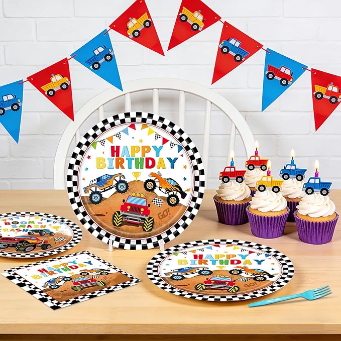 96 Pieces Monster Truck Plates and Napkins Birthday Party Supplies, Black and White Checked Monster Car Disposable Tableware with Paper Plates Napkins and Forks for Birthday Party Decor - Serves 24