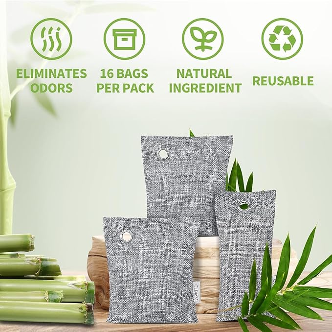 CLEVAST 16 Pack Activated Bamboo Charcoal Odor Absorber - Air Purifying Bags(8x100g, 8x50g), Natural Fresh Deodorizer and Moisture Eliminator for Home, Closet, Car Air freshener, Grey