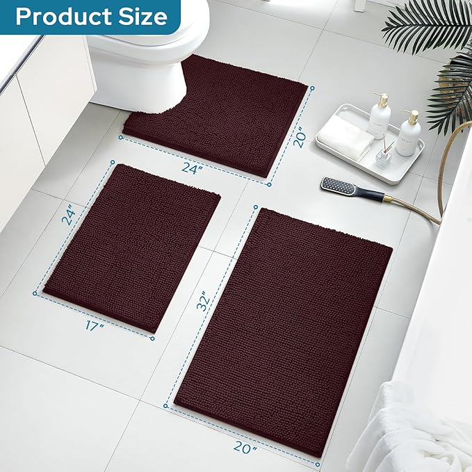 BYSURE Brown Bathroom Rugs Sets 3 Piece Non Slip Extra Absorbent Plush Chenille Soft Washable Bath Mats