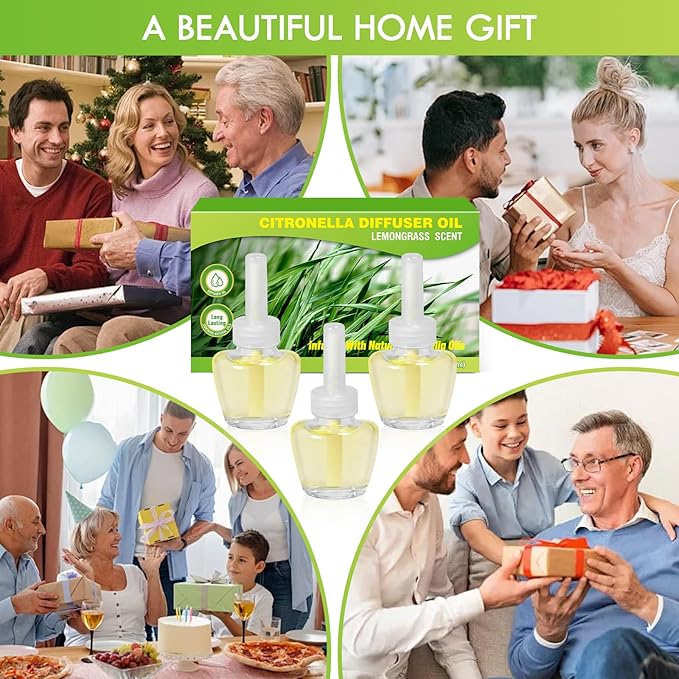 Citronella Plug in Air Freshener Refills, Lemongrass Fragrance, Scented and Essential Oils for Home and Bathroom, Indoor Outdoor, 3 Count, Compatible with Air Wick, Compatible with Glade