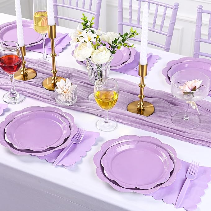 96 Pcs Lavender Paper Plates and Napkins Set Party Supplies, Light Purple Party Supplies for 24 Guest include Disposable Purple Scalloped Plates, Napkins and Forks for Baby Shower Easter Party Wedding
