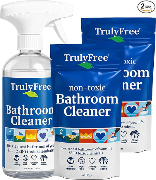 Truly Free All Natural Non-Toxic Bathroom Cleaner Spray Kit, Organic Bath & Tile Cleaning Solution for Toilet, Sink, Tub & Shower, 16 oz Reusable Empty Bottle + Two Fills, 3 oz ea.