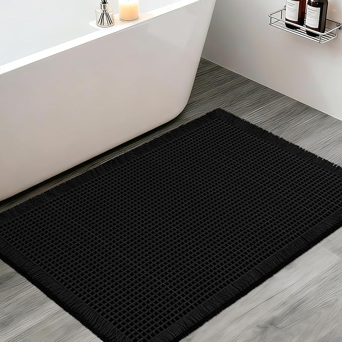 ACCUMTEK Upgraded Waffle Bath Mat, 32"x20" Black, Super Absorbent Non-Slip Quick Dry Bathroom Rugs with Tassels, Machine Washable Ultra Soft Boho Bath Rugs for Floor, Toilet Mats Boho Farmhouse Decor