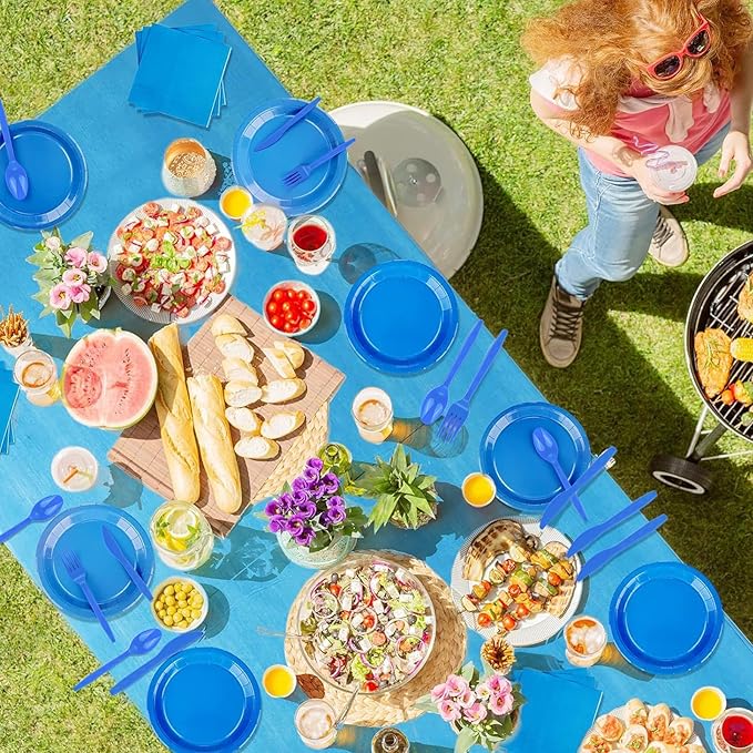 229PCS Blue Party Supplies Set Paper Disposable Plates Cups Plastic Spoons Forks Knives Blue Napkins for 30 Guests Disposable Party Dinnerware Set for Wedding Birthday Parties