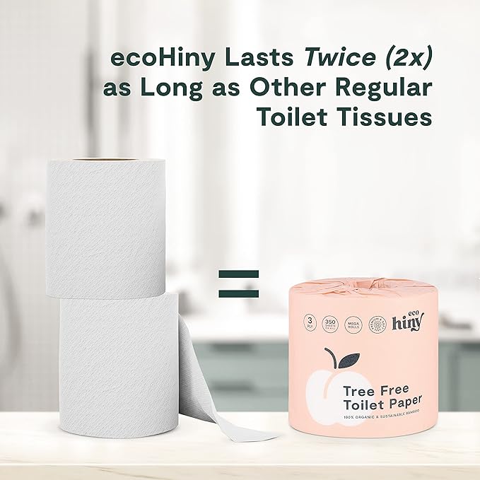 ecoHiny Premium & Soft Bamboo Toilet Paper | PFAS Free | 48 Mega Rolls, 3 ply & 350 Sheets | Non Toxic, FSC Certified, Septic Safe, BPA Free | Tree Free Toilet Tissue | Plastic Free Packaging
