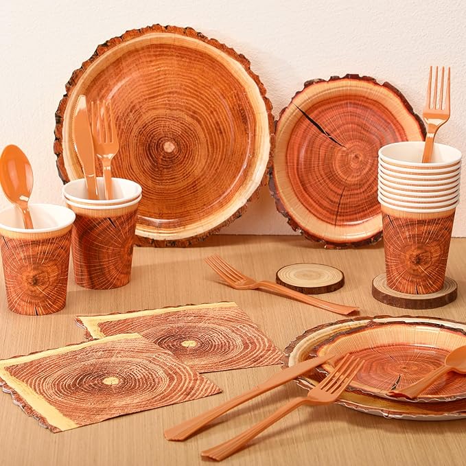 FillTouch 350 Pcs Camping Wood Grain Slice Party Supplies Set Rustic Camo Hunter Disposable Paper Plates Napkins Cups Cutlery Hunting Knives Fork Spoon for 50 Guests Camping Party Baby Shower Birthday
