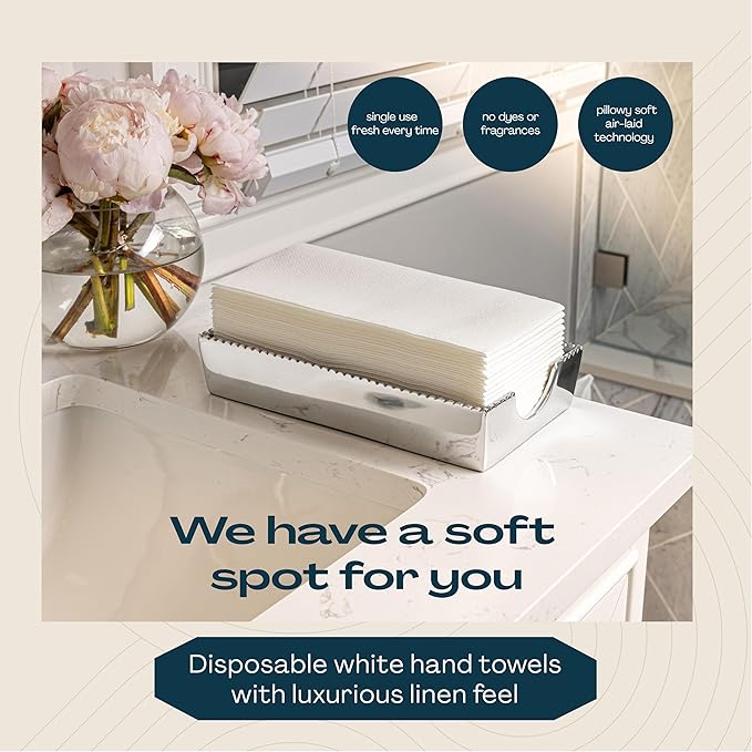 Lintext Disposable Linen-Feel Guest Towels - 12" x 17" Cloth-Like Hand Towels - Made In USA, Soft And Absorbent Paper Napkin For Bathroom, Kitchen, Or Event [Extra-Soft - Pack of 50], White