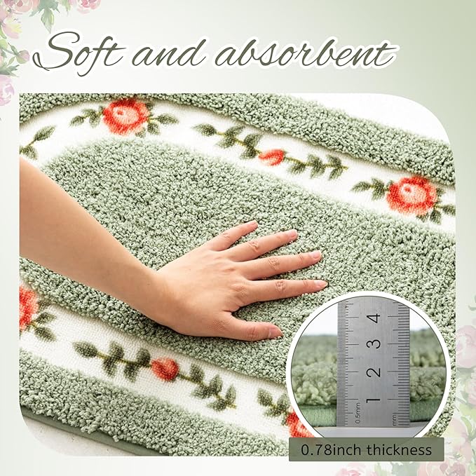 Drydiet 3 Pcs Rose Flowers Bathroom Rugs Set Coquette Room Decor Floral Carpet for Bathroom Bedroom Living Room, Floral Bath Mat Non Skid Romantic Rose Flower Area Rugs 3 Shapes (Green,Large)