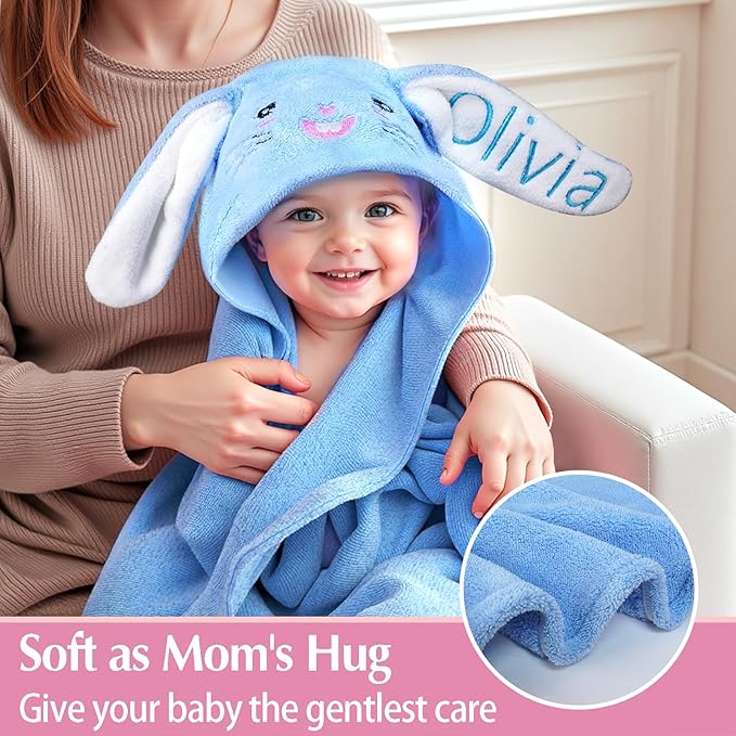 Baosity Custom Hooded Baby Towel with Name, Soft Absorbent Toddler Towel, Bunny Baby Bath Towels for Girls Boys, Personalized Easter Brithday Christmas for Baby, Toddler, Newborn Essential