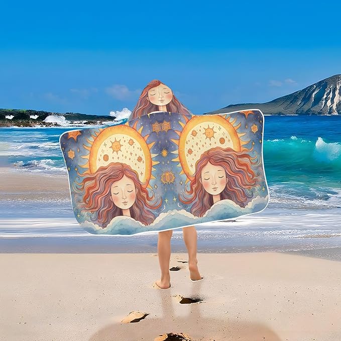 Hooded Towel for Kids Beautiful Girl Meditating Under The Sun Pattern Beach Wrap Bath Towels 50x23.5in