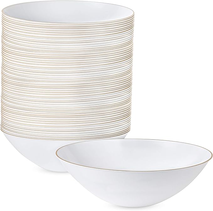 [16 OZ 40 Count] White Plastic Floral Design Party Soup bowls With Gold Rim Premium heavyweight Elegant Disposable Tableware Dishes