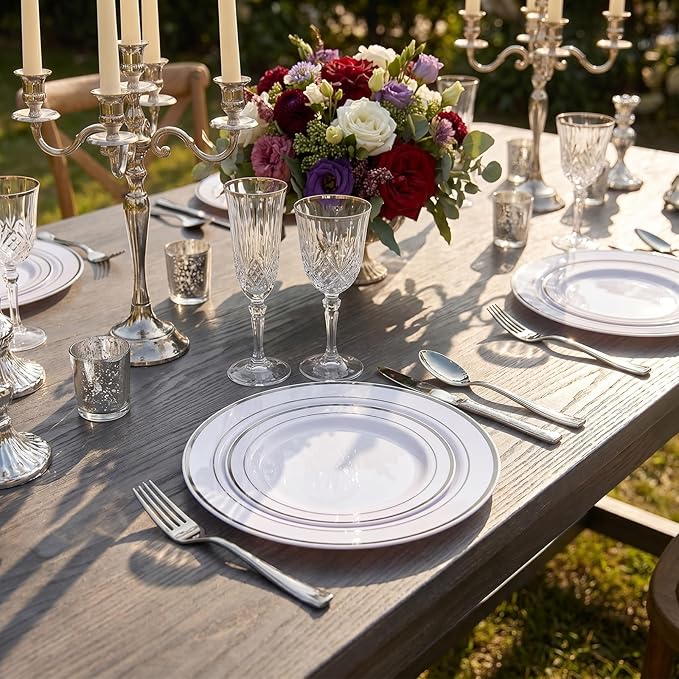 I00000 102pcs Silver Plastic Plates, Disposable Plastic Party Plates with White Silver Rim Fancy Wedding Party Plates Include 51 Dinner Plates 10.25" and 51 Dessert Appetizer Plates 7.5"