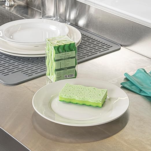 Restaurantware Cleaning Sponge 3 Count 4.5 x 2.5 Inches Cellulose Non-Abrasive Deep-Groove Durable Rectangular Green