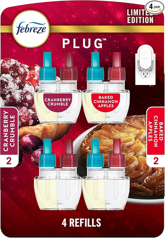 Febreze Odor-Fighting Fade Defy PLUG Air Freshener Baked Cinnamon Apple, Cranberry Crumble, .87 fl. oz. Oil Refill, 2 of Each