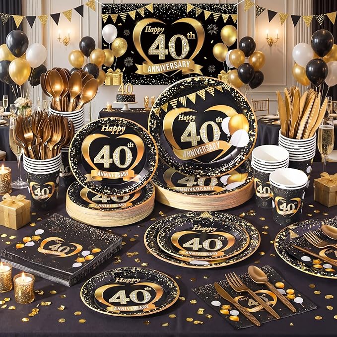 Pickmesh 400 Pcs 40th Wedding Anniversary Party Decorations Set, Includes 40th Anniversary Plates, Napkins, Cups, Cutlery for Birthday Wedding Party Favors, Serves 50 Guests