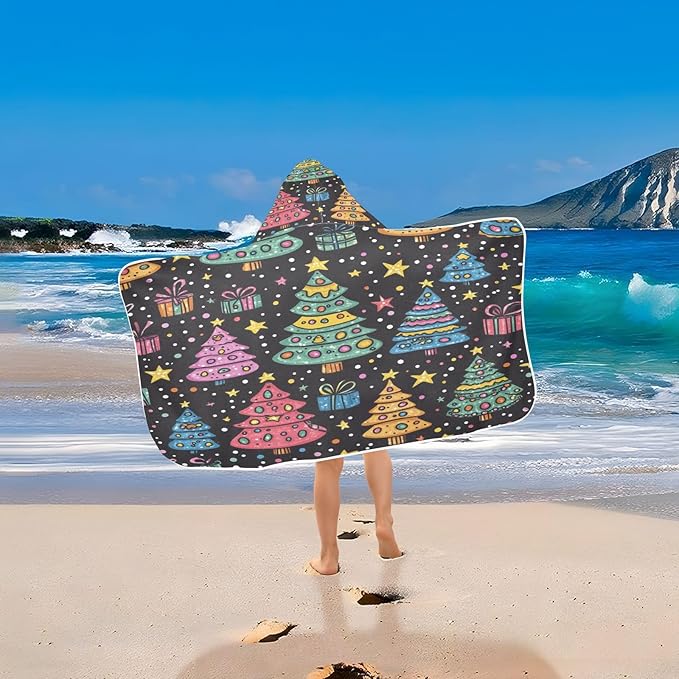Blueangle Kids Bath Towel Wrap - Cartoon Christmas Trees Hooded Kids Towel - Super Soft Absorbent Quick Dry Toddler Shower Pool Beach Towel