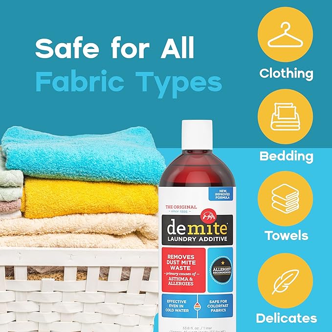 DeMite Laundry Additive - Dust Mite Waste Remover for Allergy Relief, Treatment for Bedding & Clothes, Safe for Children & Pets, Fragrance-Free Gentle Formula, Use with Any Laundry Detergent, 1 Liter