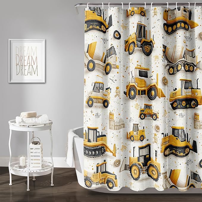 AILONEN Cartoon Construction Trucks Shower Curtain Set,Truck Cranes Tractors Bath Curtains,Boys Yellow Machinery Truck Waterproof Shower Curtain with Hooks,72" Wx72 H