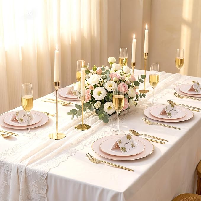 I00000 150 PCS Pink Plastic Plates for Party,Heavy Duty Pink Disposable Plates,Gold Dinnerware Set Include 30 Dinner Plates,30 Dessert Plates,30 Gold Plastic Silverware Set for Mother's Day