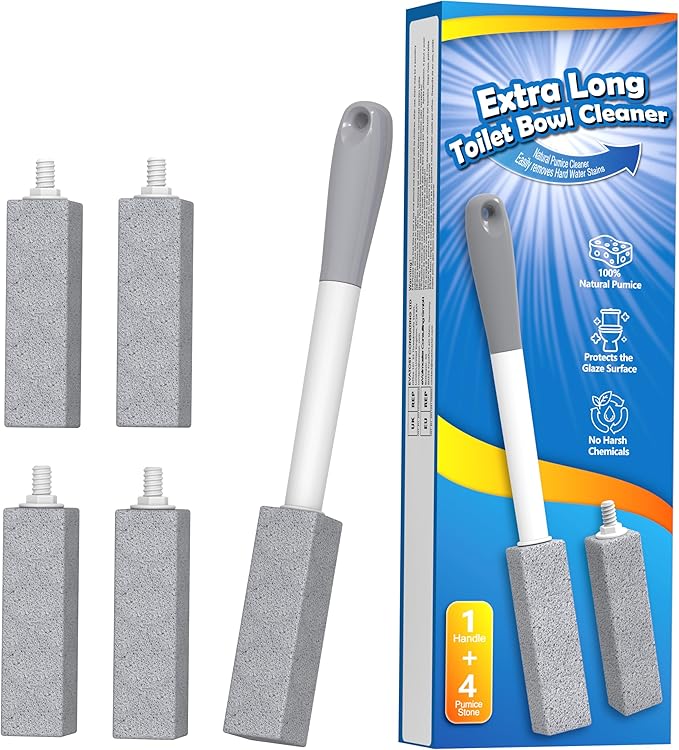 4-Pack Pumice Stone Toilet Bowl Cleaner with Long Handle, No-Touch Replaceable Stone Heads for Toilets, Bathtubs, Sinks, Grills, Swimming Pools