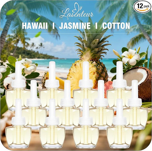 Plug In Air Freshener Refills for Home, Hawaiian, Jasmine & Cotton Scent for Bathrooms & Kitchen, 12 Count Plug Refill for Bathrooms, Office, Compatible with Air Wick & Glade, Not Include Glade Plus