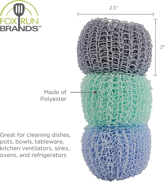 Fox Run Mesh Dish Scrubber Set, Set of 3 Multicolor Polyester Kitchen Cleaners
