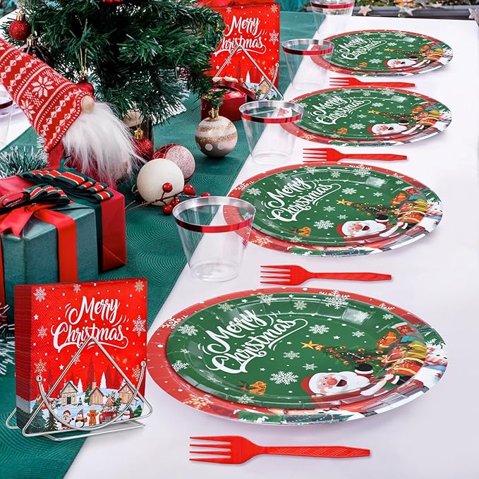 100 Pieces Christmas Party Tableware Set – Merry Christmas Disposable Plates, Napkins and Forks, Santa Snowman Red Green Dinnerware for Xmas Holiday Birthday and Winter Party Supplies