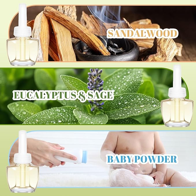 Plug In Air Freshener Refills for Home - Palo Santo & Eucalyptus Sage, Baby Powder Scent for Office & Bathrooms, 12 Count, 7.92 Fl Oz, Compatible with Air Wick & Glade, Not Include Glade Plus