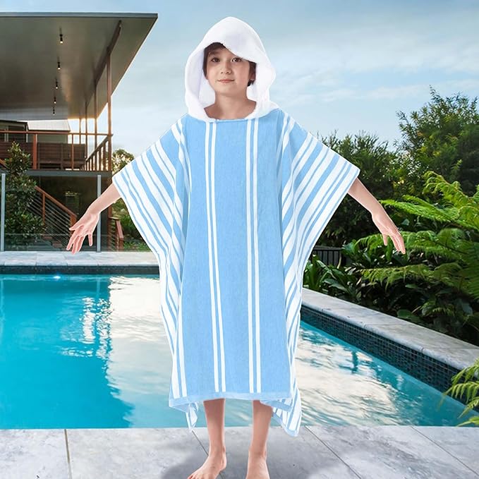 VOOVA & MOVAS Big Kids Poncho Towel with Hood - Teens Hooded Pool Towel Robe (8-16Years), Large and Absorbent Cotton - Versatile for Beach, Pool, Swim, and Bath,Light Blue Stripe