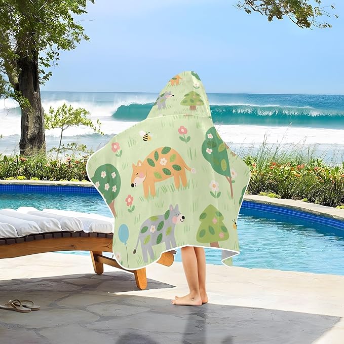 Kids Beach Towels Cartoon Zoo Green Hooded Towels for Kids Quick Dry Bath Towel with Hood