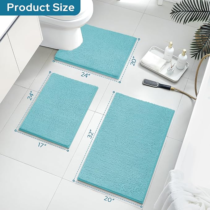 BYSURE Aqua Blue Bathroom Rugs Sets 3 Piece Non Slip Extra Absorbent Plush Chenille Soft Washable Bath Mats